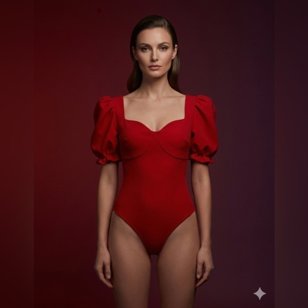 Boohoo Red Puff Sleeve Bodysuit
